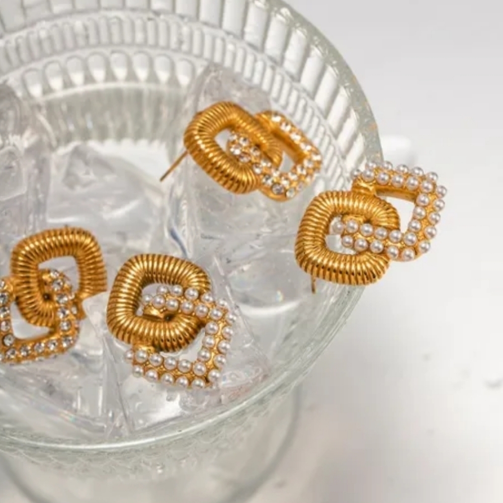 Stainless steel gold tone geometric crystal earrings new